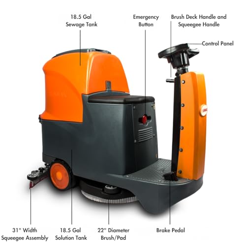 SM70 Ride-On Floor Scrubber Machine, 22\" Brush, Complete Set of Parts, 5 Hours Continuous Working Time, 18.5 Gal Tanks, 48,000 Sqft/H Efficiency