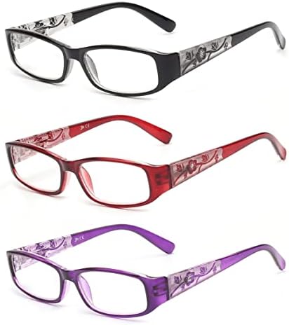 JM 3 Pack Ladies Reading Glasses Vintage Floral Print Rectangular Readers for Women
