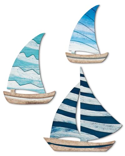 Image of Putuo Decor Wooden Sailboat Wall Art Set of 3, Coastal Nautical Decor Self-Adhesive Sculptures, Beachy Lake House Wall Decor for Japandi Bedroom Bathroom Nursery