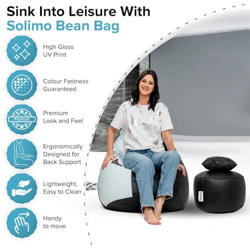 Image of Amazon Brand - Solimo 4XL Premium Faux Leather Bean Bag Combo with Footrest & Cushion, Filled with Beans | Capacity: Upto 6 Ft 5 in Height, 125 KG Weight | to Do List | Black