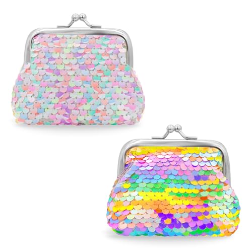 2 Packs Coin Purse, Sequin Coin Pouch Wallet Pouch with Kiss Lock, Portable Change Purse for Girls and Women, Coin Purse Pouch for Change, Mini Lipstick, Key (style 1)