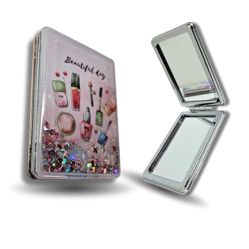Espelho de Bolsa Duplo Compacto Decorativo com Glitter e Estampa de Maquiagem