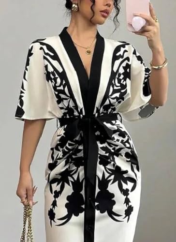 Women's 2025 Summer Black and White Print Classy Trendy V Neck Batwing Short Sleeve Waist Tie Elegant Party Midi Dress3