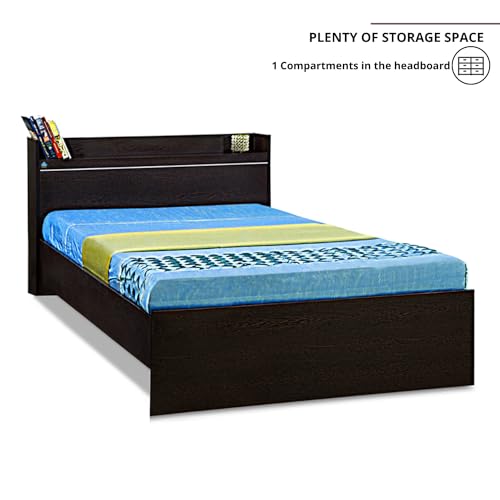 Image of DELITE KOM | 1 Year Warranty | Single Bed, Plum Engineered Wood Bed Without Box Storage & with Headboard Shelf Storage, Wooden Bed (83x37 Inches) | Installation Included | Color - Flowery Wenge
