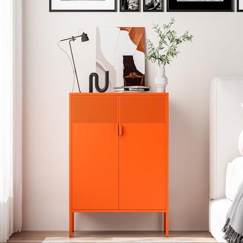 Washsemba 2 Mesh Door Metal Cabinet with Adjustable Shelves, Multipurpose Orange Storage Cabinet, 3-Tier,Metal Storage Cabinet for Office Home,Hallway(Orange, 47''H)