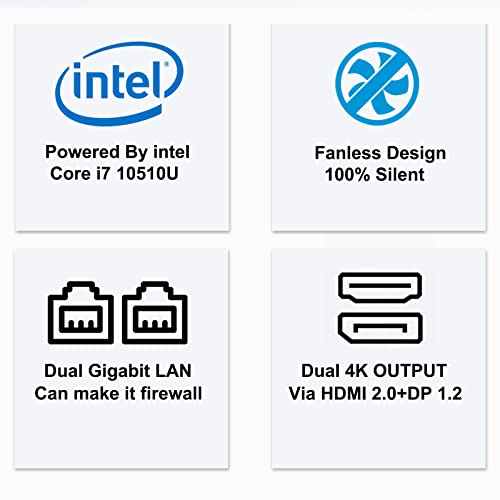 Image of Mini PC Fanless Core i7 10510U 16GB RAM 1TB NVME SSD 4Cores 8Threads 4.9GHz Max,100% Silent Industrial Business Desktop Computer with SD Card Reader /Type-c /Win 11 Pro /Wi-Fi /BT 4.2 /2x LAN