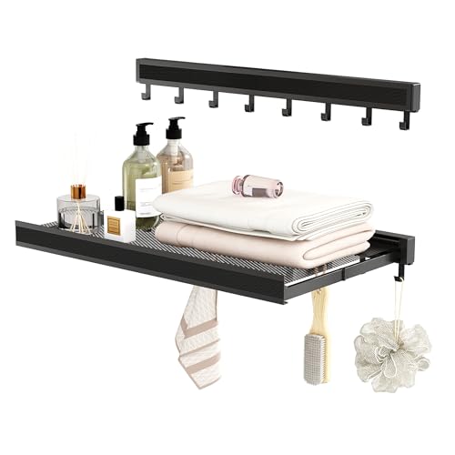 SEEDWAVE Stendibiancheria da parete allungabile, larghezza 60 cm, in alluminio spaziale, con rete di asciugatura (nero, 8 ganci)