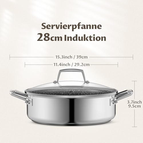 BEZIA Schmorpfanne 28 cm hoher Rand, Schmortopf mit Deckel 5,2L, Edelstahl 18/10, Bräter mit Keramik-Antihaftbeschichtung，Bratpfanne für alle Herdarten geeignet，Backofengeeignet, hoher Rand