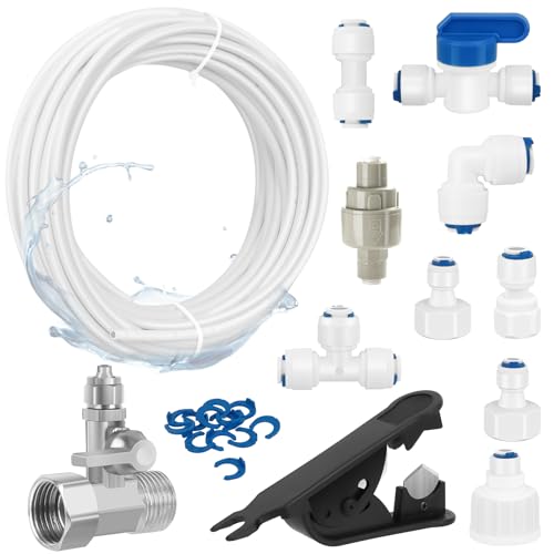 15m Tuyau d'Alimentation en Eau Universel, 25 Pièces Kit de Connecteur de Tuyau de Réfrigérateur 1/4
