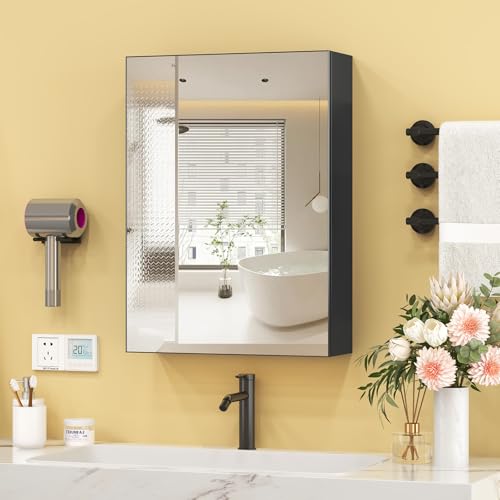 Ereousa Armadietto Bagno con Specchio, 56x40x13cm, Mobile Contenitore da Parete, Nero