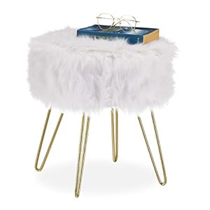 Relaxdays vachtkruk, kunstbont, metalen frame, rond, pluizig, elegante kaptafelkruk, HxD 40 x 38 cm, wit/goud, 1 stuk
