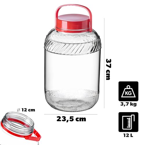 KADAX Zestaw 2 szt. Słój szklany do fermentacji 12 l z pokrywą, szczelne domknięcie ogranicza dostęp powietrza, szkło nie przejmuje zapachów, do kiszenia i fermentacji