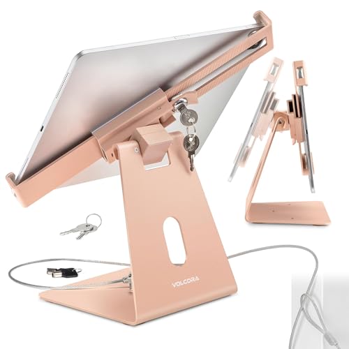 Image of Volcora Anti-Theft Tablet Stand iPad Kiosk Stands with Lock, Pink 10-13'' ipad Stand for Desk, Swivel, Adjustable iPad Holder for Desk, iPAD Mount for POS Register, Retail Business, Cashier