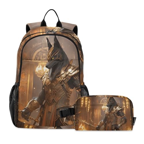 Travel Backpack Lunch Bag Set for Hiking Picnic, Backpacks with Insulated Lunch Box Temple Anubis Print