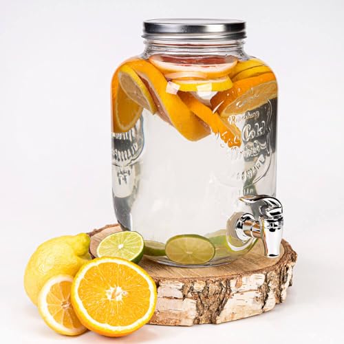 Getränkespender mit tropfsicheren Zapfhahn - Wasserspender aus Glas mit Deckel - Limonadenspender 4 L Getränkespender mit tropfsicheren Zapfhahn - Wasserspender aus Glas mit Deckel - Limonadenspender 4 L