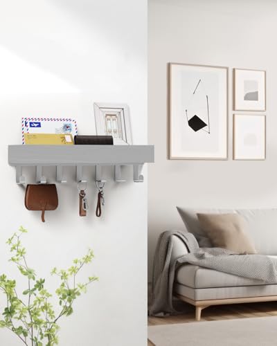 Image of Key Holder Wall Mount Magnetic Adhesive - Key Hooks Rack with shelf | Key Hanger with Mail Organizer for RV Camper Fridge Living Room Decor, Home Essentials, Large Grey