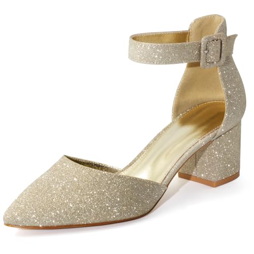 MISSMILLER Women's Low Block Heels Chunky Closed Toe Pump Shoes with Ankle Strap