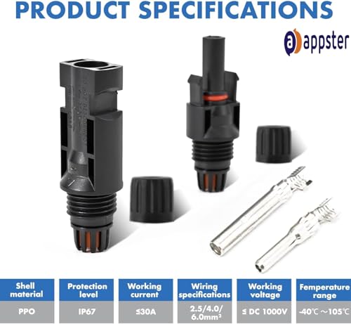 Image of 5 Pairs MC4 Solar Wire Connectors | 1000V 30A Waterproof Male Female Cable Extension Kit | PV Panel Plug with Copper Pin & Secure Locking for Solar Panel Installation (Set of 5 Pairs)