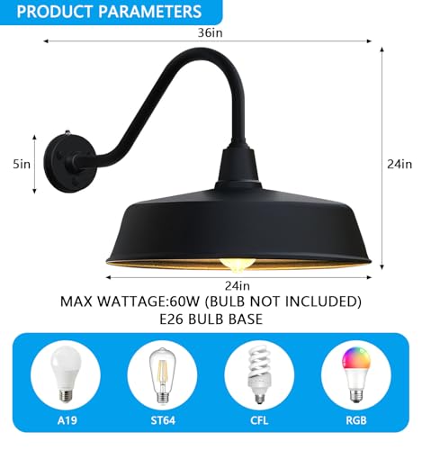 Image of JOESA 24-inch Extra Large gooseneck barn Light, from Dusk to Dawn, Weather-Resistant and Durable, Suitable for a Variety of Scenes. Farmhouse Outdoor Barn Lights, 2-Pack