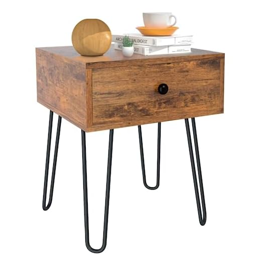 Funshot Mid Century Modern End Table with Storage Drawer and Metal Hairpin Legs Nightstand for Living Room or Bedroom, Brown