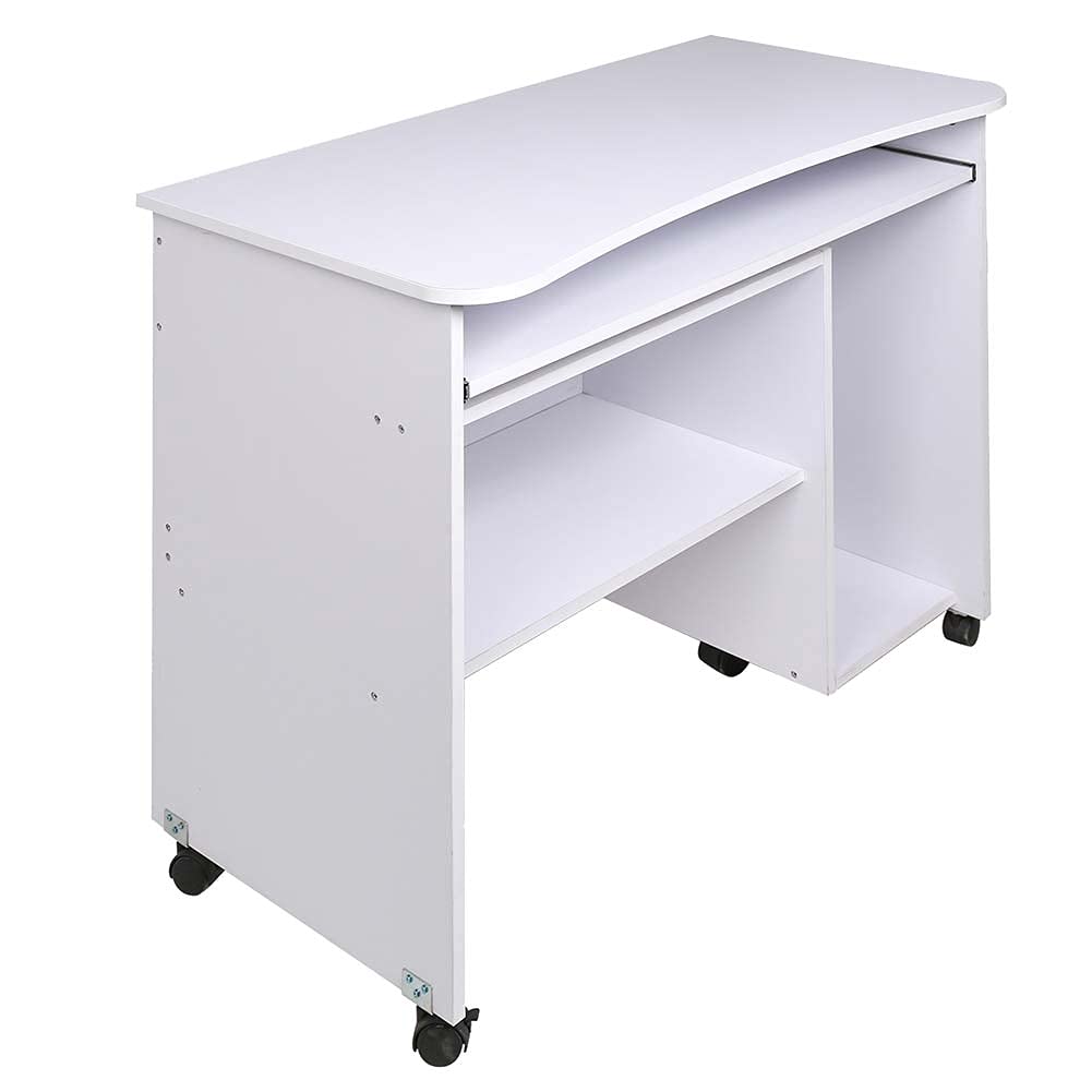 BAKAJI Scrivania con Portatastiera Estraibile Ripiano Inferiore e Vano Pora Computer Tavolo da Lavoro Porta Pc in Legno MDF con 4 Ruote Arredamento Casa Ufficio Cameretta Moderna (Bianco)