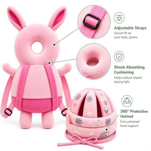 Image of GLUN Baby Back Protector with Head Protective Hat Combo Set, Cute Rabbit Shape Soft Cushioning, Adjustable Shoulder Belt, Head Protection Gear for 6-18 Month Toddler Kids