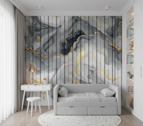 Image of Grey Gold Louvers Self-Adhesive Kitchen Wallpaper Roll, PVC 3D Wall Sticker Oil Proof, Waterproof & Washable Wallpaper for Home Decor, Living Room, Bedroom, Hotel & Cafe Walls (45x300cm)