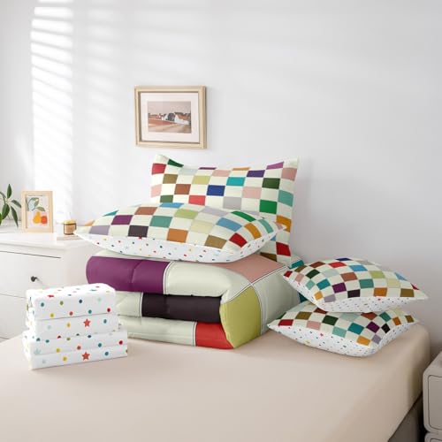 Image of Erosebridal Kids Rainbow Checkered Full Comforter Set with Sheets 7 Piece Colorful Plaid Grids Bedding Set Funky Checkerboard Bed in A Bag for Boys Girls Teen Geometric Gingham Bed Set