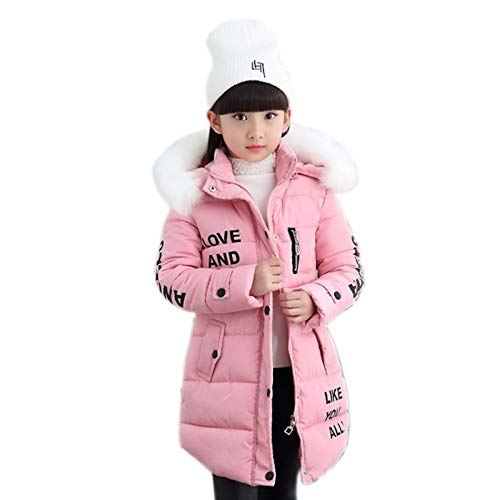 Elonglin Kids Girls' Winter Quilted Puffer Hooded Coat Parka Puffer Jacket Coat Padded Overcoat Quilted Thickening Coat Jacket with Faux Fur Hood Outwear Pink 160