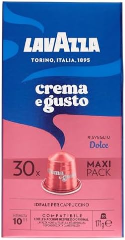 Lavazza, Crema e Gusto Dolce, 30 Kaffeekapseln Nespresso Kompatibel, mit Noten von Nüssen und Kakao, Arabica und Robusta, Intensität 10/13, Helle/Mittlere Röstung