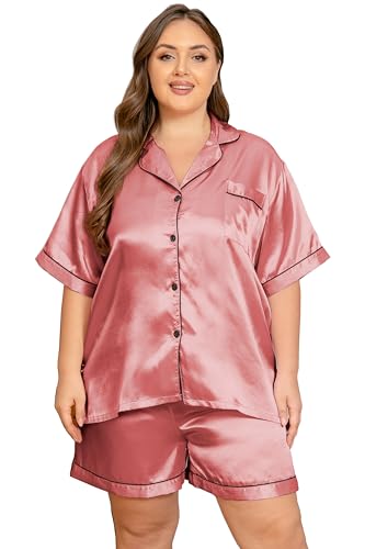 Vozanet Women's Short Sleeve Satin Pajama Sets Silky Ladies Button Down Loungewear Plus Size Nighty Shorts Sets XL to 5XL Soft Sleepwear V Neck Two Piece Pjs, Lotus Pink, 4X-Large