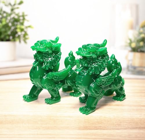 Pareja de estatuas decorativas Feng Shui Pi Yao verde miniatura 3