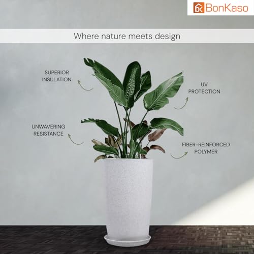 Image of BonKaso 18 inch White Flower Pot - Tall, Durable & Lightweight Polymer Tower Planter for Indoor & Outdoor Use: Home, Office, Garden & Balcony (Gamla /Gamale)