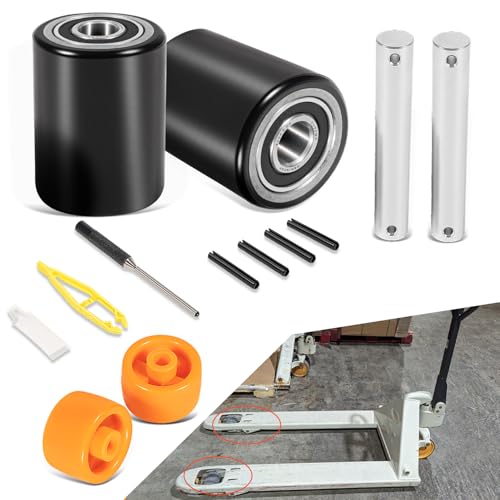Image of Fit for Crown PTH50 Pallet Jack Front Load Wheels Replacement Kit, Pair Front Load Roller(2.78 inch x 3.75 inch), with Pre-Installed Bearings, Axles, 20mm ID Poly Tread, Pins and Install Tool Kit