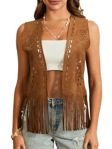 Women's Fringe Faux Suede Vest Open Front Sleeveless Tassel Hippie Jacket Summer Vintage Cowgirl Waistcoat (A-a-Brown, M) — gift idea for moms · $16.98