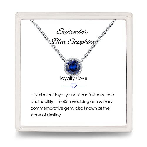 Presentski Blue Sapphire Women’s Necklaces September - 925 Sterling Silver Round Created Blue Birthstone Pendant for Anniversary