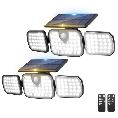 Peasur 2 Pack Solar Motion Lights Outdoor with Remote Control, Solar Security Light with 3 Modes, IP65 Waterproof Flood Lights Outside for Garden Patio Garage Backyard