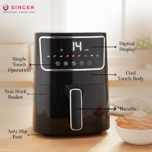 Image of SINGER Electric Airfrio Air Fryer 1350W | 4.4L Basket | 100% Oil-Free Cooking | Digital Display | 10-in-1 Functions | 360 High-Speed Air Circulation | ISI Certified | 2 Years Warranty