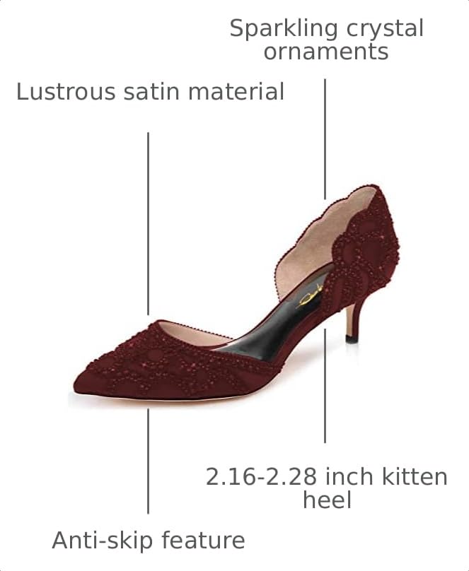 Image of XYD Women's Pumps, Elegant Pointed Toe, D'Orsay Kitten Low Heels, Rhinestone Studs, Slip-On Satin Shoes for Wedding