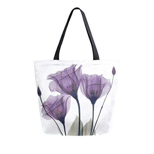 Purple Flower Large Women Canvas Tote Bags Casual Shoulder Bag Handbag for Girl Violet Floral Watercolor Vintage Grocery Shopping Bag Books Laptop Gym Bags for Outdoor School Work Travel Beach Sports