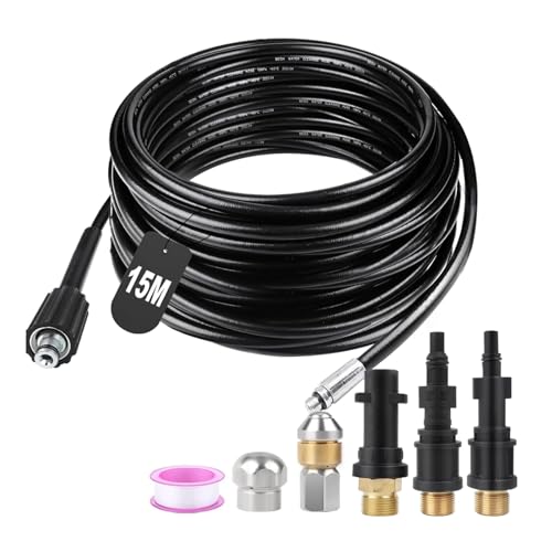 Nicoone Mangueira de limpeza de tubos de 15 m, compatível com Karcher K2 - K7, Lavor, Bosch, Parkside, bolsa com 3 adaptadores, 2 bicos e 1 fita adesiva