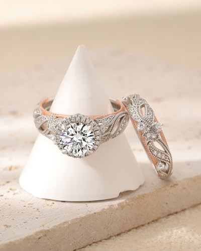 Image of Jeulia 4 Carat Openwork Ring Sets for Women 925 Sterling Silver Wedding Sets Rose Gold Round Cut Halo Engagement Ring White Diamond band CZ Solitaire Anniversary Promise Rings