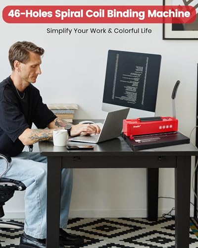 46-Hole Binding Machine Spiral Coil Binder,DIY Book Binder Kits with Electric Coil Inserter,4:1 Pitch 500 Sheets,100pcs Comb Binding Spines&1 Crimper Plier,School Office Home,Classic Red