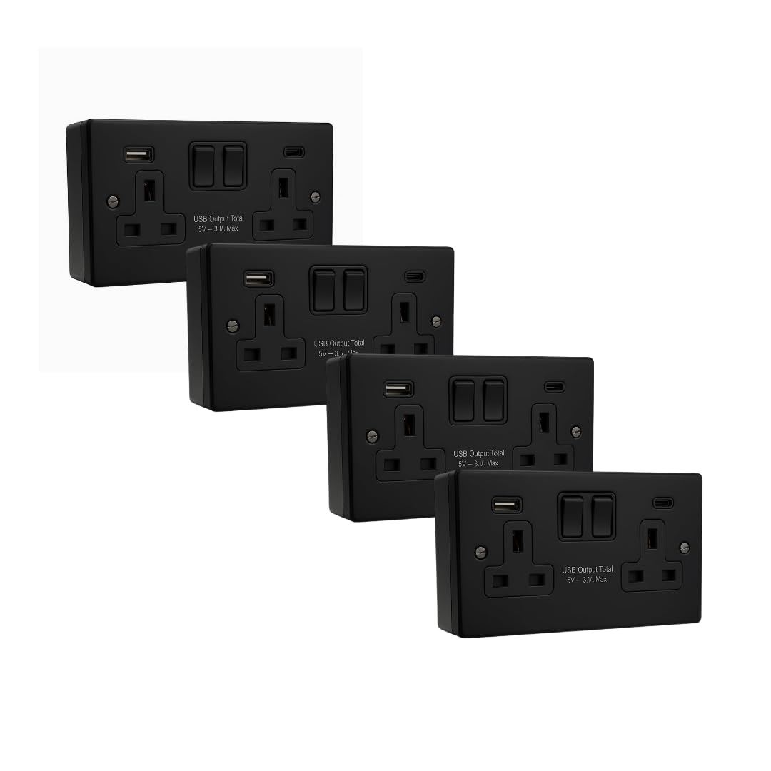 Matt Black 3mm Metal Plate 2-Gang Switched Socket with USB A & USB C Fast Charging Ports + 35mm Surface Pattress Box – 4 Pack | Modern Flat Plate, Durable Steel, Smart Charge Technology, Easy Install