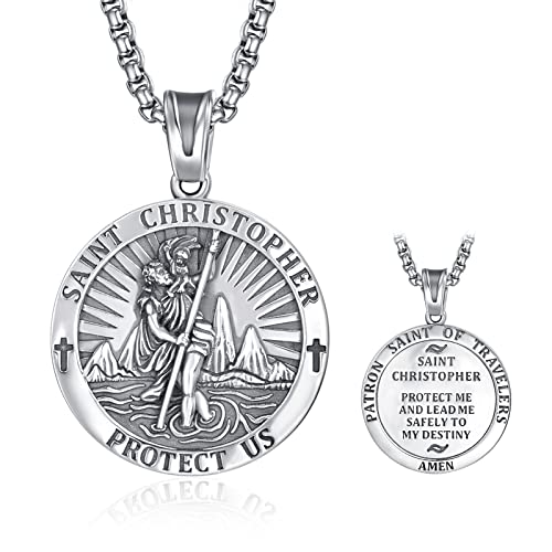 ADMETUS St Christopher Medal for Men 925 Sterling Silver Round St Christopher Necklace Mens Double Sided Saint Christopher Pendant Necklace Protection Jewelry Religious Gifts