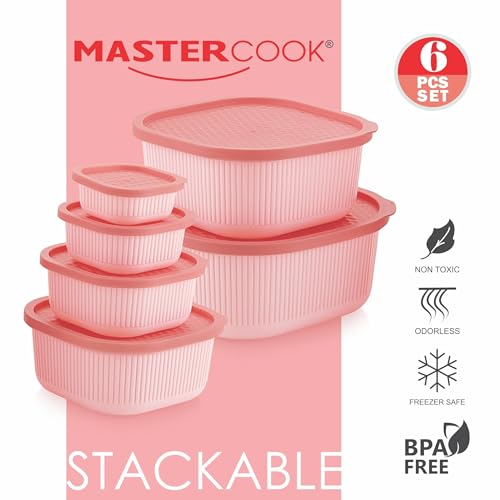 Image of Mastercook Airtight Square Food Storage Containers Set of 6, Peach