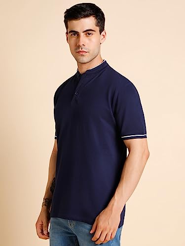 Image of Dennis Lingo Men's Cotton Solid Stand Collar Regular Fit T-Shirt