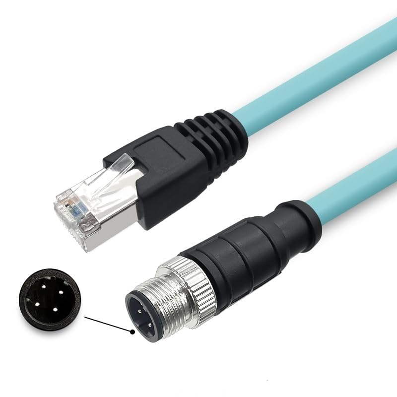 M12 to RJ45 Cat7 Ethernet Cable, 10Gbps 10 Gigabit, High Flexible PUR Jacket, Shielded Twisted Pair (STP) for Industrial Automation (4 Pin D-Code Male to RJ45, 5 Meter)