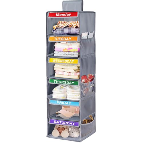 Image of 6-Shelf Weekly Closet Hanging Organizer for Kids, YOCOMEY 6-Grid Days of the Week Baby Kids Clothing Organizer Monday through Saturday, Foldable Oxford Cloth Closet Clothes Weekday Storage (Gray)