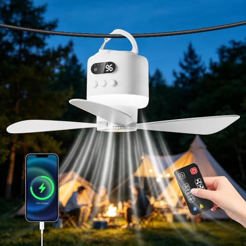 Deckenventilator mit Beleuchtung 45CM Camping Ventilator für Zelt 15600mAh Akku aufladbar mit Licht und Fernbedienung USB Timer leise mobiler Deckenventilator für Outdoor Pavillon Terrasse (Weiß)